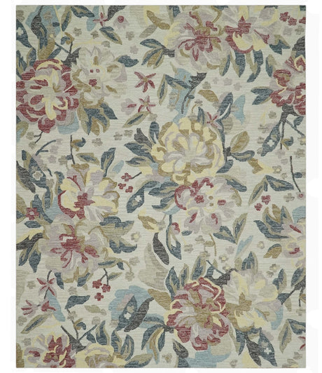 Ivory, Charcoal and Olive Floral Design 8x10 Colorful Hand Tufted wool rug