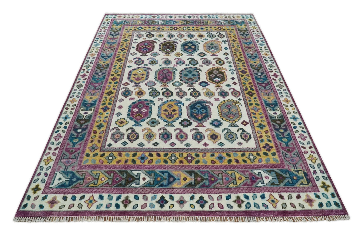 Ivory, Gold and Pink Hand knotted Traditional Design Wool Area Rug