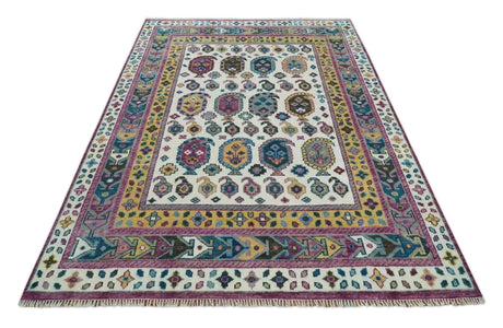 Ivory, Gold and Pink Hand knotted Traditional Design Wool Area Rug