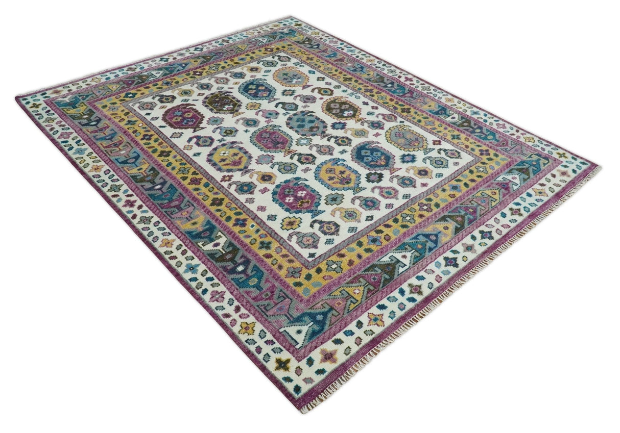 Ivory, Gold and Pink Hand knotted Traditional Design Wool Area Rug