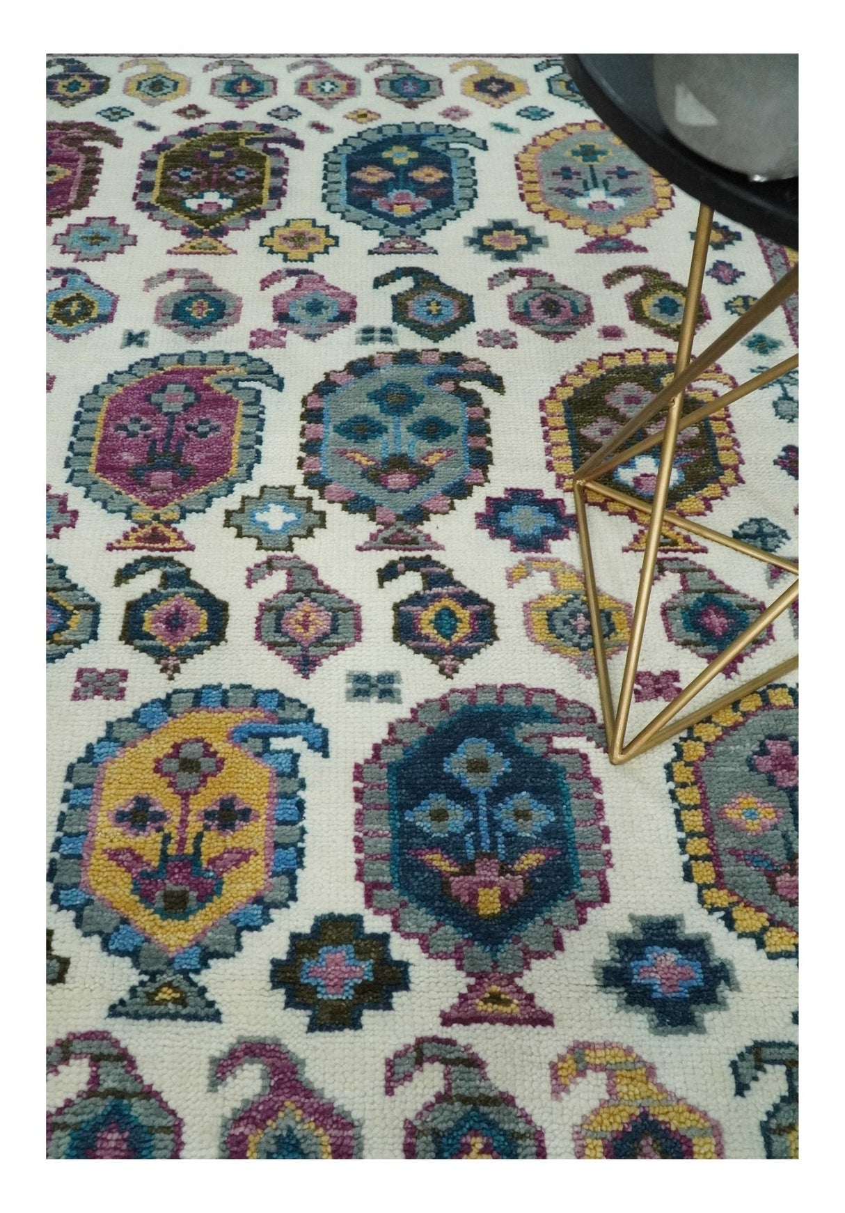 Ivory, Gold and Pink Hand knotted Traditional Design Wool Area Rug