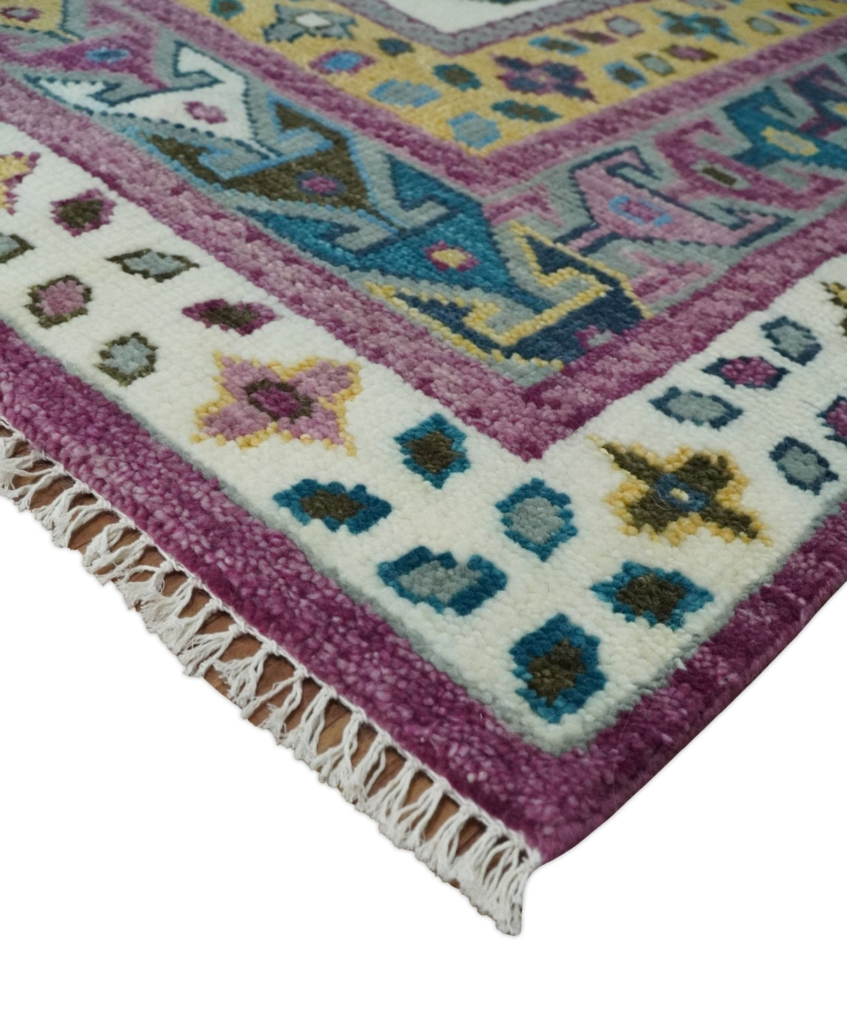 Ivory, Gold and Pink Hand knotted Traditional Design Wool Area Rug
