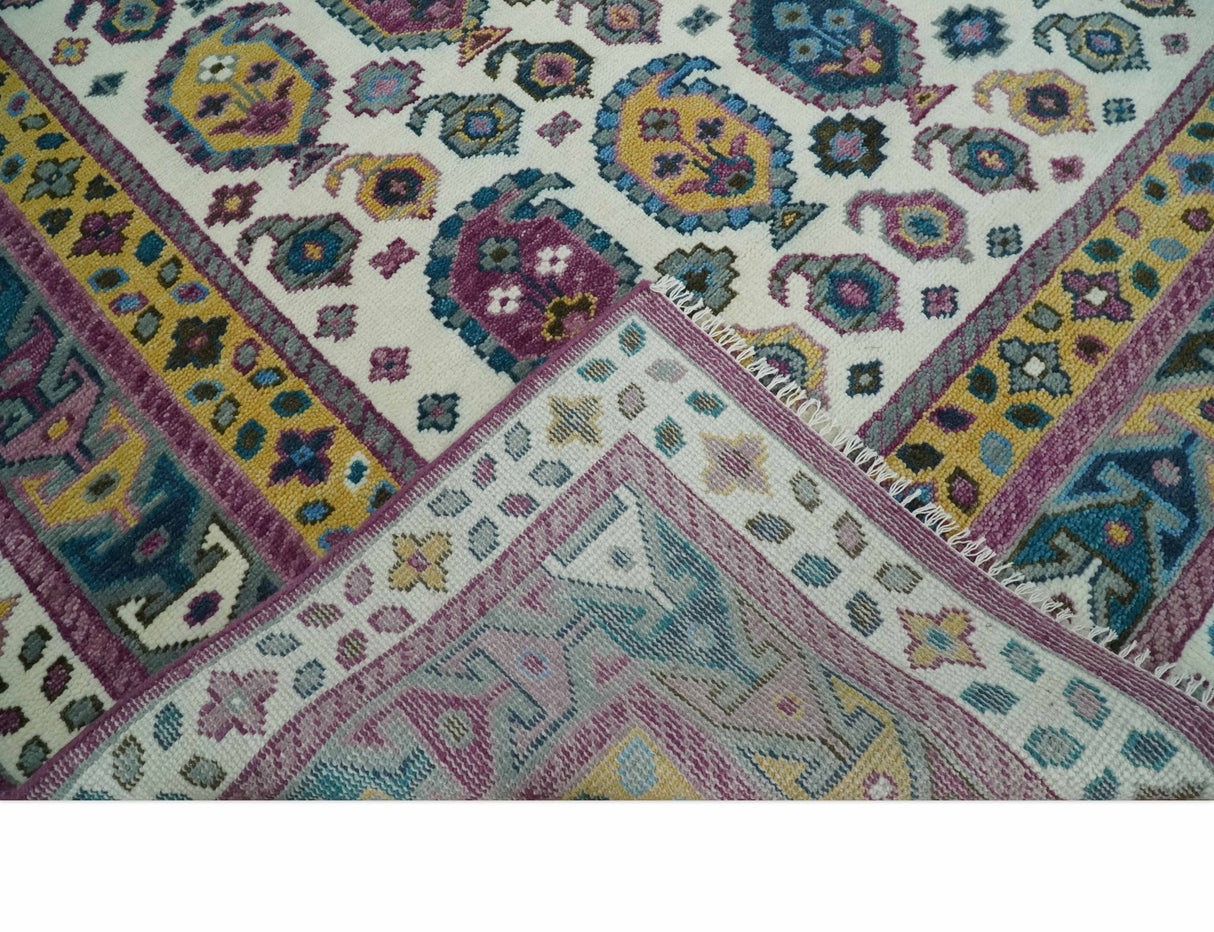 Ivory, Gold and Pink Hand knotted Traditional Design Wool Area Rug