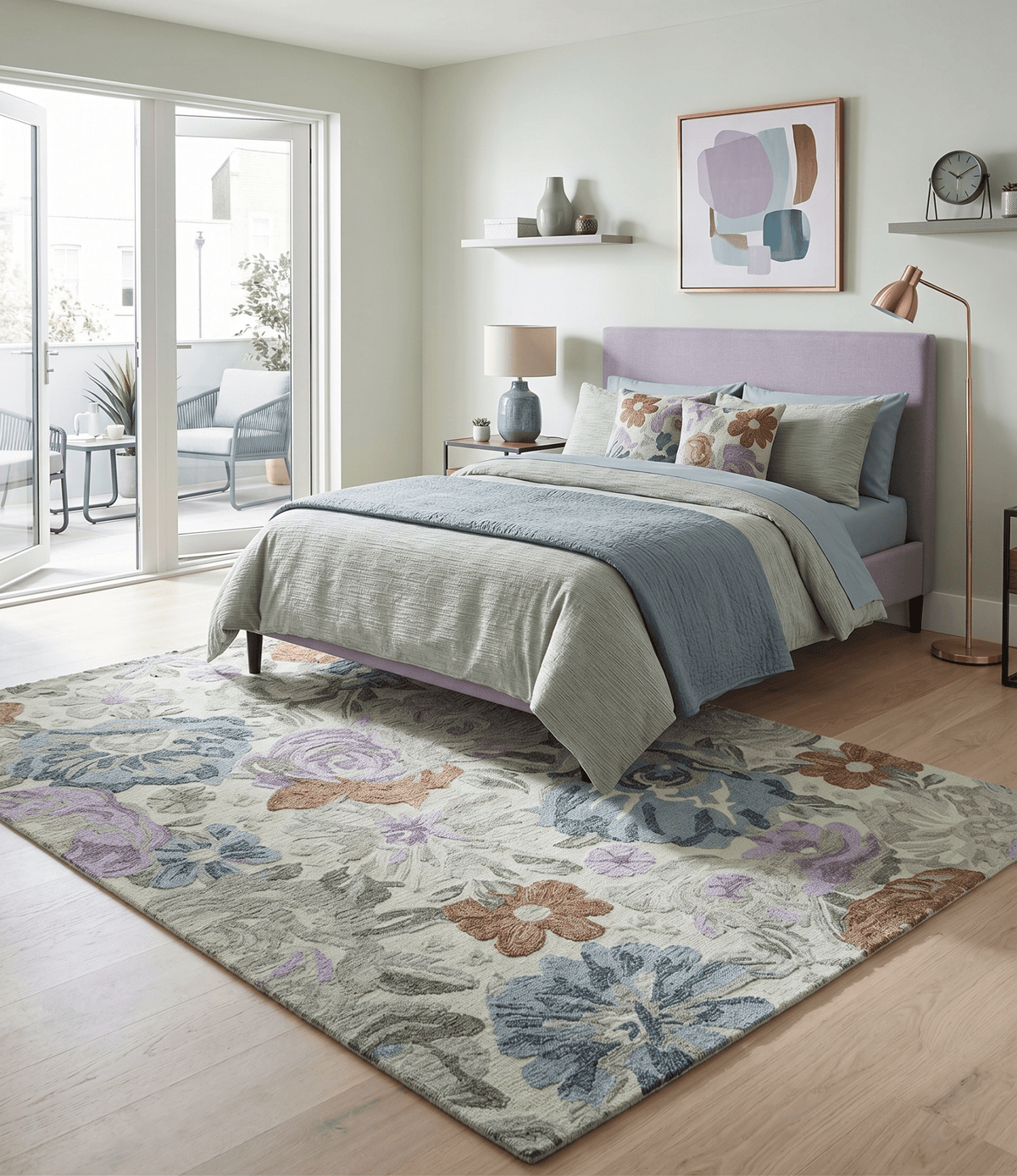 Ivory, Gray, Purple Flower Design Hand Tufted 8x10 wool Area Rug