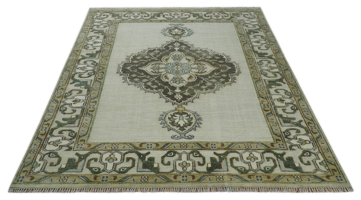 Ivory, Green and Beige Traditional Medallion Hand knotted Multi Size wool Area Rug
