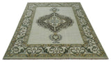 Ivory, Green and Beige Traditional Medallion Hand knotted Multi Size wool Area Rug