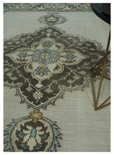 Ivory, Green and Beige Traditional Medallion Hand knotted Multi Size wool Area Rug