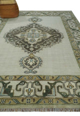 Ivory, Green and Beige Traditional Medallion Hand knotted Multi Size wool Area Rug