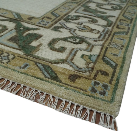 Ivory, Green and Beige Traditional Medallion Hand knotted Multi Size wool Area Rug