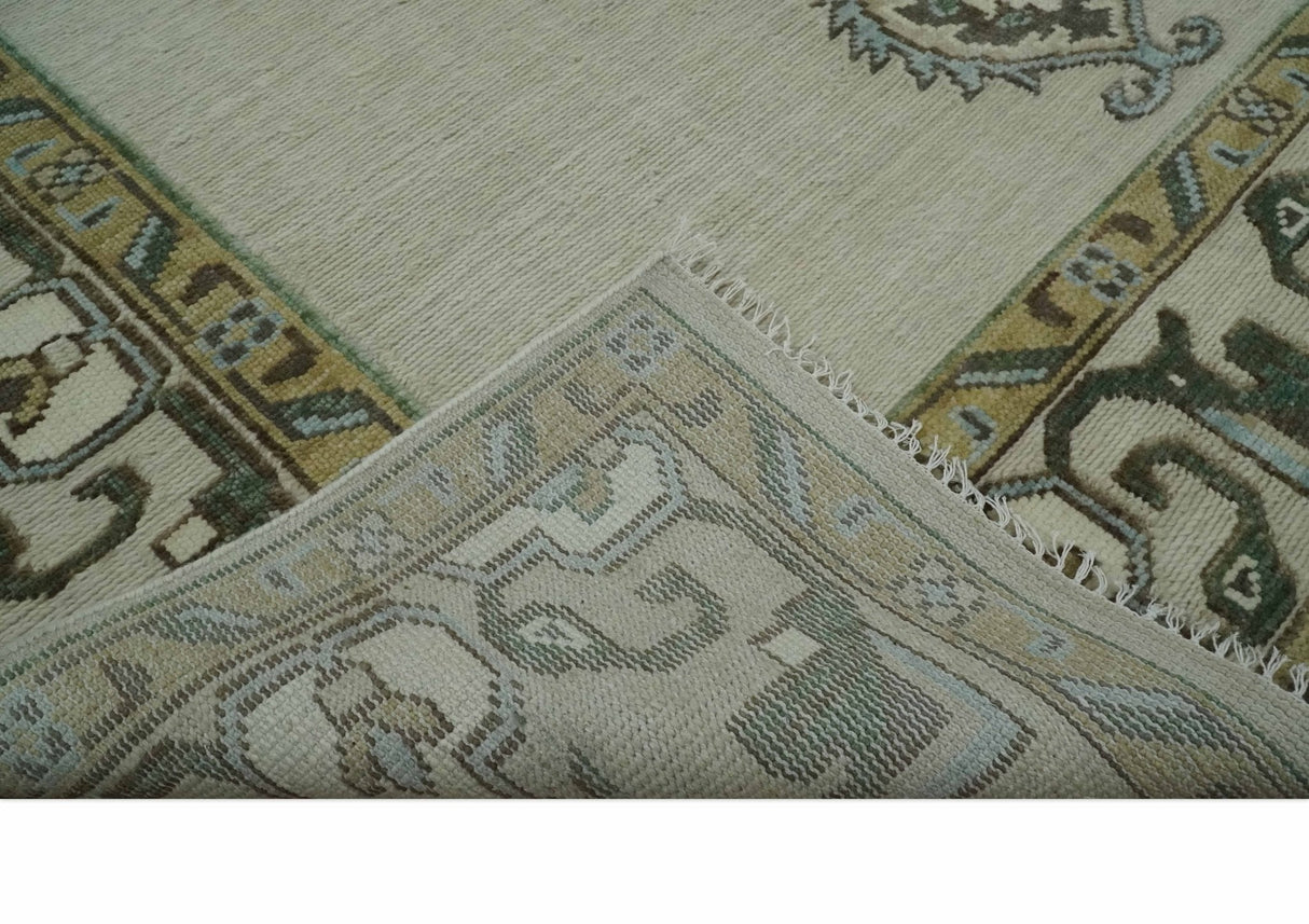 Ivory, Green and Beige Traditional Medallion Hand knotted Multi Size wool Area Rug