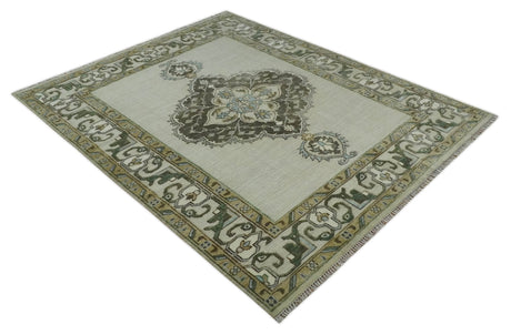 Ivory, Green and Beige Traditional Medallion Hand knotted Multi Size wool Area Rug