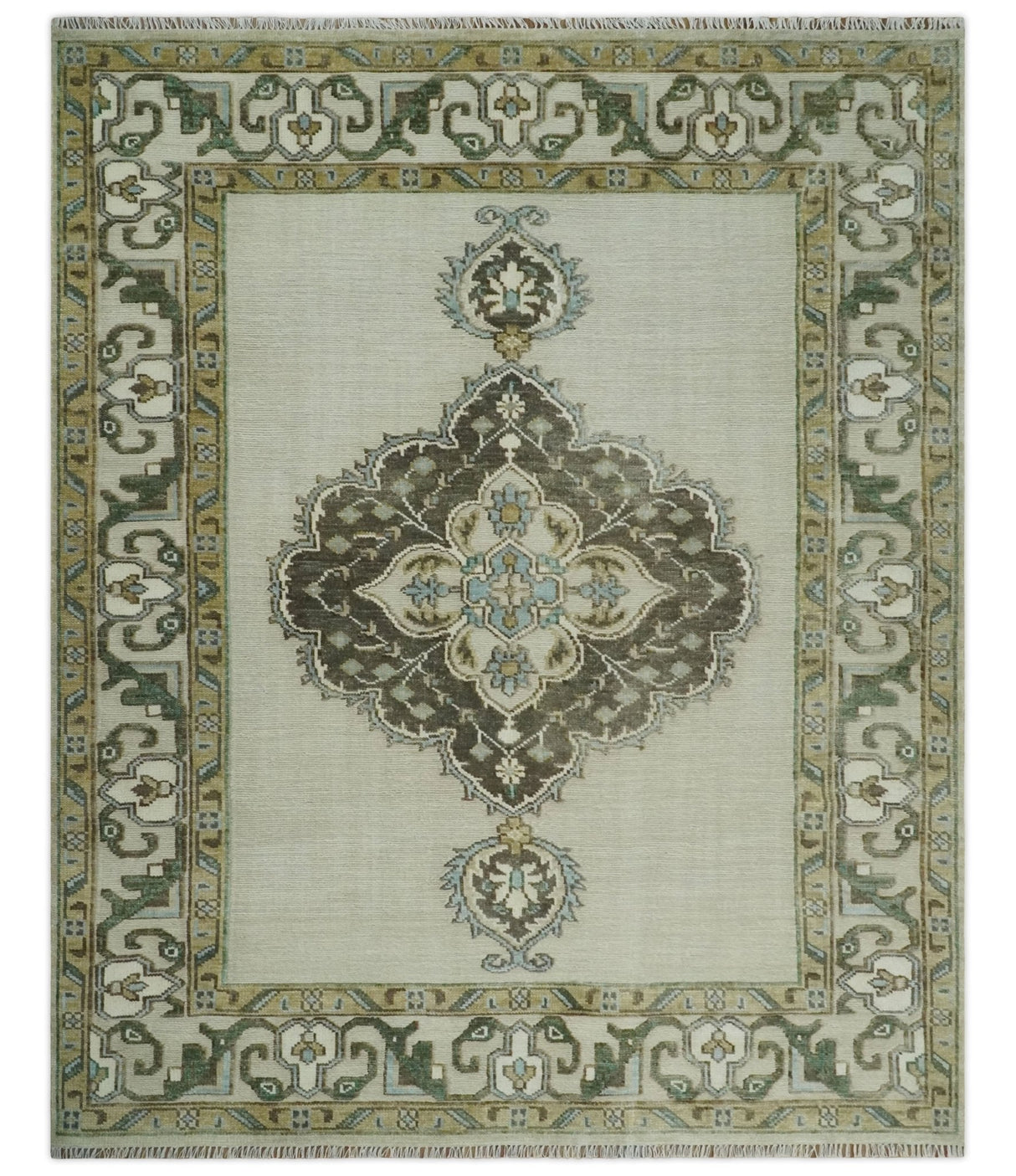 Ivory, Green and Beige Traditional Medallion Hand knotted Multi Size wool Area Rug
