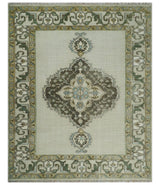 Ivory, Green and Beige Traditional Medallion Hand knotted Multi Size wool Area Rug