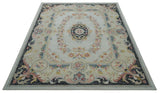 Ivory, Light Green and Charcoal Aubusson design Hand Tufted 8x10 wool Area Rug