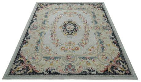 Ivory, Light Green and Charcoal Aubusson design Hand Tufted 8x10 wool Area Rug