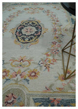 Ivory, Light Green and Charcoal Aubusson design Hand Tufted 8x10 wool Area Rug
