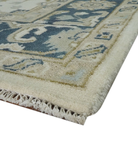 Ivory, Olive and Blue Hand Knotted Traditional Oriental Oushak Custom Made wool rug