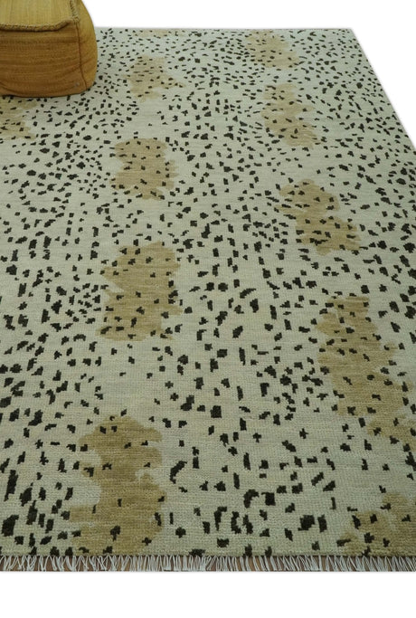 Ivory, Olive and Charcoal Leopard Design Hand Knotted Multi Size wool area rug