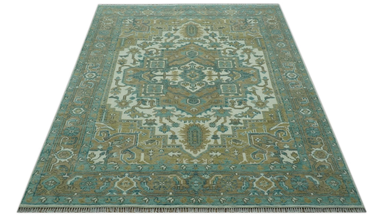 Ivory, Olive and Teal Hand Knotted Traditional Heriz Custom Made wool area rug