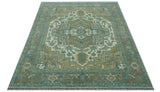 Ivory, Olive and Teal Hand Knotted Traditional Heriz Custom Made wool area rug