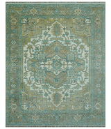 Ivory, Olive and Teal Hand Knotted Traditional Heriz Custom Made wool area rug