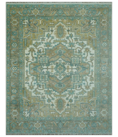 Ivory, Olive and Teal Hand Knotted Traditional Heriz Custom Made wool area rug