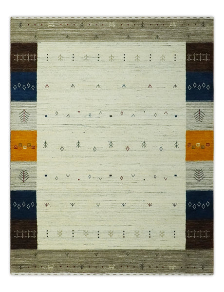 Ivory, Olive, Blue and Charcoal Handloom Tribal Gabbeh Multi Size wool Area Rug