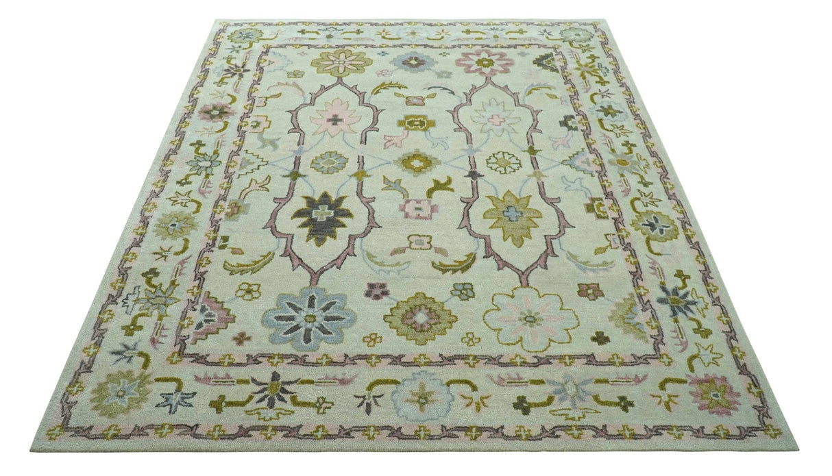 Ivory, Purple and Olive Floral Oushak Hand Tufted Custom Made wool rug