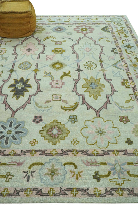Ivory, Purple and Olive Floral Oushak Hand Tufted Custom Made wool rug