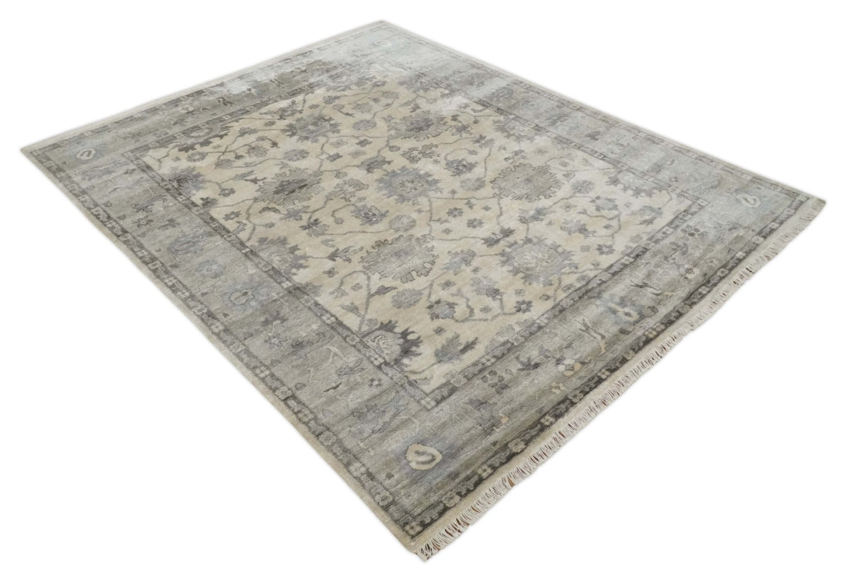 Ivory, Silver and Charcoal 8x10 Hand Knotted All Bamboo Silk Fine Oushak Area Rug