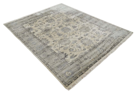 Ivory, Silver and Charcoal 8x10 Hand Knotted All Bamboo Silk Fine Oushak Area Rug