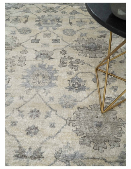 Ivory, Silver and Charcoal 8x10 Hand Knotted All Bamboo Silk Fine Oushak Area Rug
