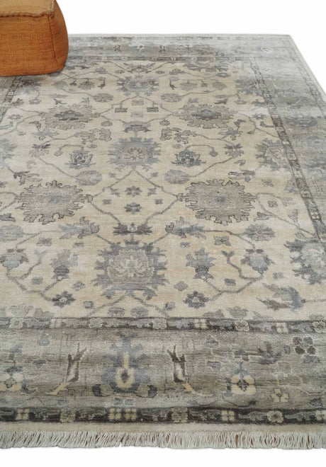 Ivory, Silver and Charcoal 8x10 Hand Knotted All Bamboo Silk Fine Oushak Area Rug