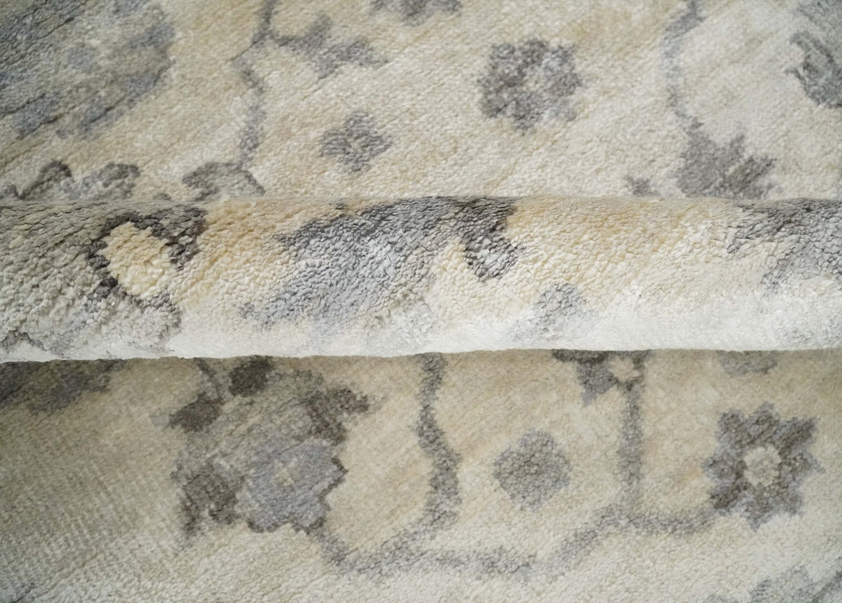 Ivory, Silver and Charcoal 8x10 Hand Knotted All Bamboo Silk Fine Oushak Area Rug