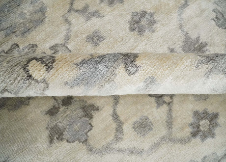 Ivory, Silver and Charcoal 8x10 Hand Knotted All Bamboo Silk Fine Oushak Area Rug