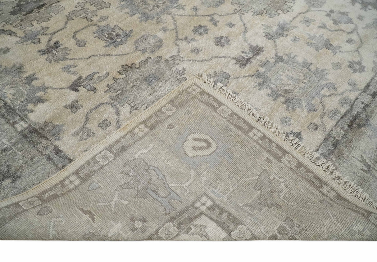 Ivory, Silver and Charcoal 8x10 Hand Knotted All Bamboo Silk Fine Oushak Area Rug