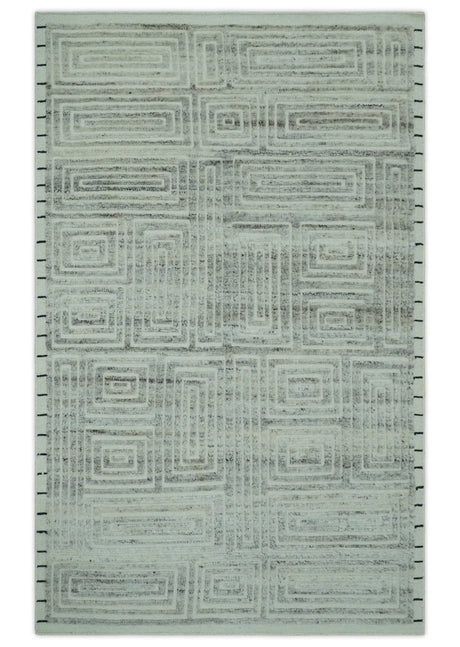 Ivory, Silver and Charcoal Modern Geometrical Puzzle Design hand knotted Custom Made wool Area Rug