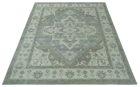 Ivory, Silver and Olive Traditional Heriz Medallion Hand Knotted Multi Size wool Area Rug
