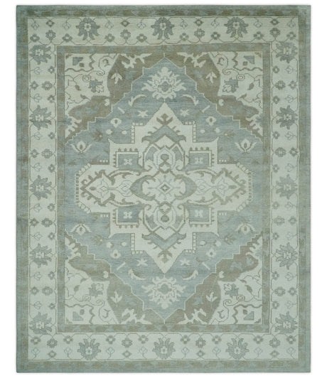 Ivory, Silver and Olive Traditional Heriz Medallion Hand Knotted Multi Size wool Area Rug