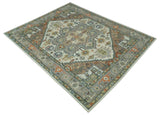 Ivory, Silver, Peach and Olive Traditional Heriz Hand Knotted Multi Size wool Area Rug
