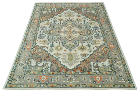 Ivory, Silver, Peach and Olive Traditional Heriz Hand Knotted Multi Size wool Area Rug