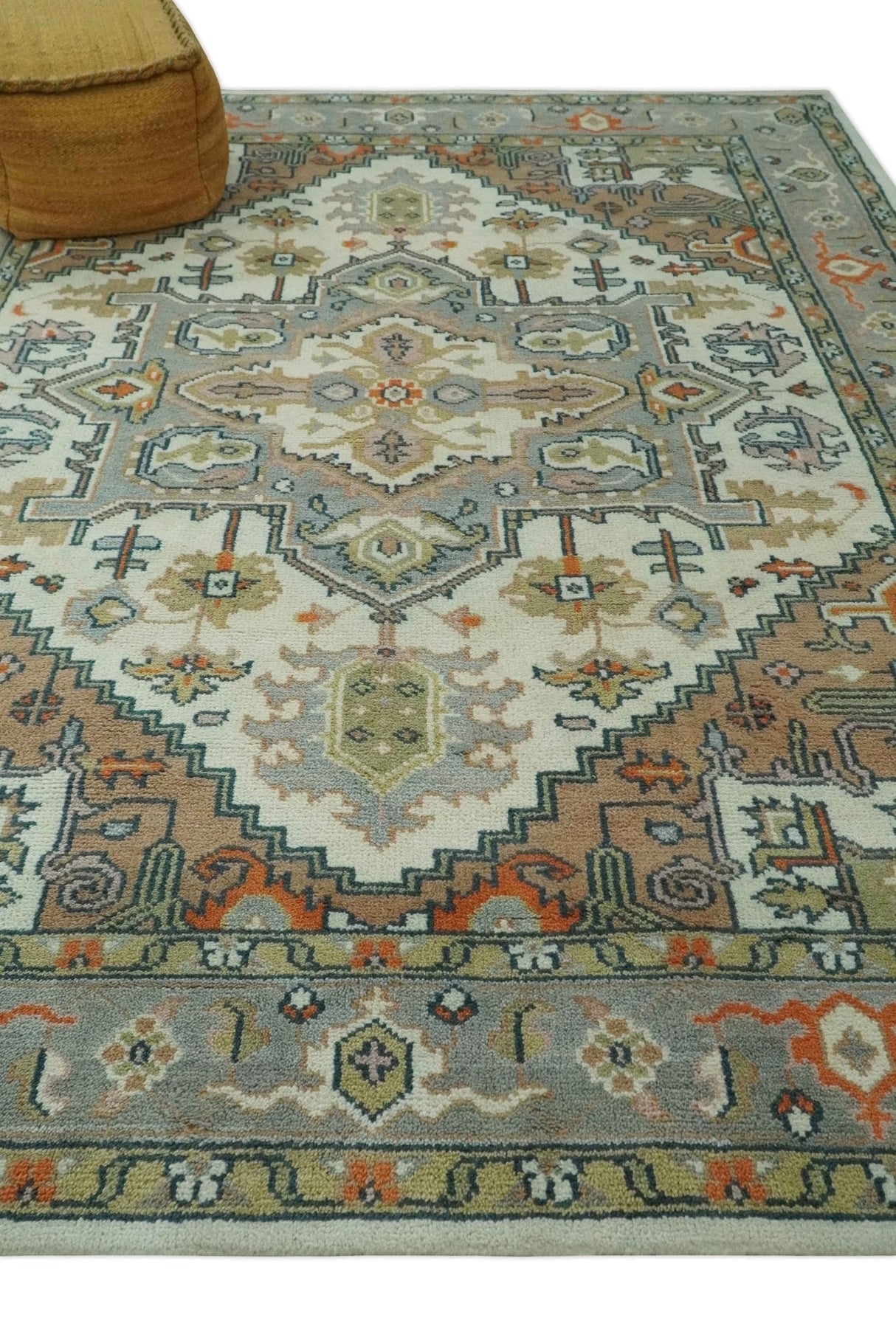 Ivory, Silver, Peach and Olive Traditional Heriz Hand Knotted Multi Size wool Area Rug