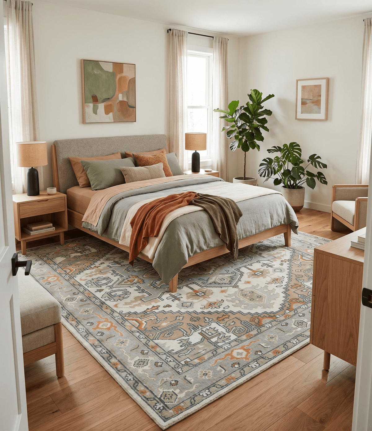 Ivory, Silver, Peach and Olive Traditional Heriz Hand Knotted Multi Size wool Area Rug