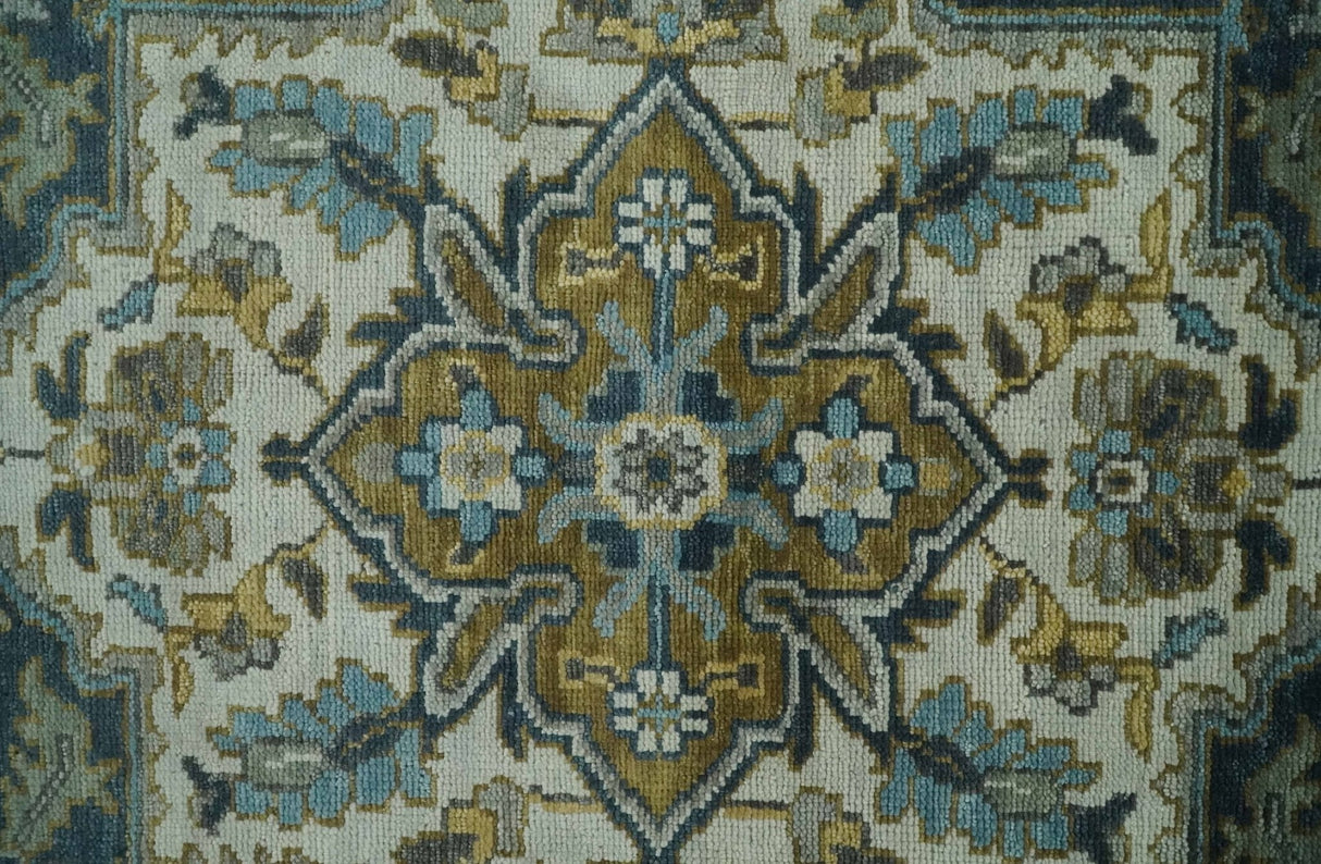 Ivory, Teal, and silver Hand Knotted Traditional Medallion Multi size wool Area Rug