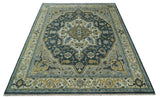 Ivory, Teal, and silver Hand Knotted Traditional Medallion Multi size wool Area Rug