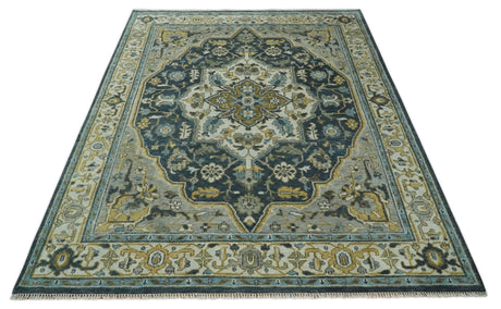 Ivory, Teal, and silver Hand Knotted Traditional Medallion Multi size wool Area Rug