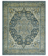 Ivory, Teal, and silver Hand Knotted Traditional Medallion Multi size wool Area Rug