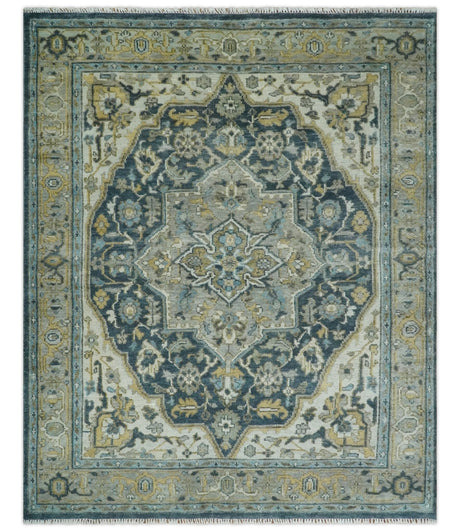 Ivory, Teal, and silver Hand Knotted Traditional Medallion Multi size wool Area Rug