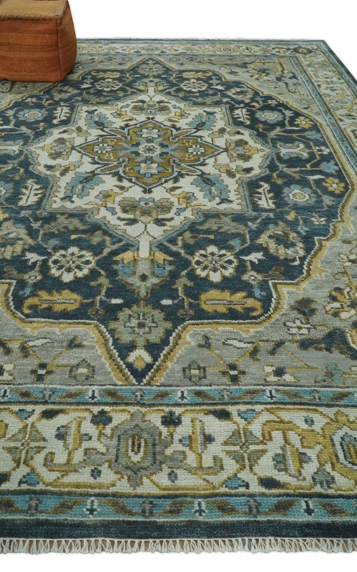 Ivory, Teal, and silver Hand Knotted Traditional Medallion Multi size wool Area Rug