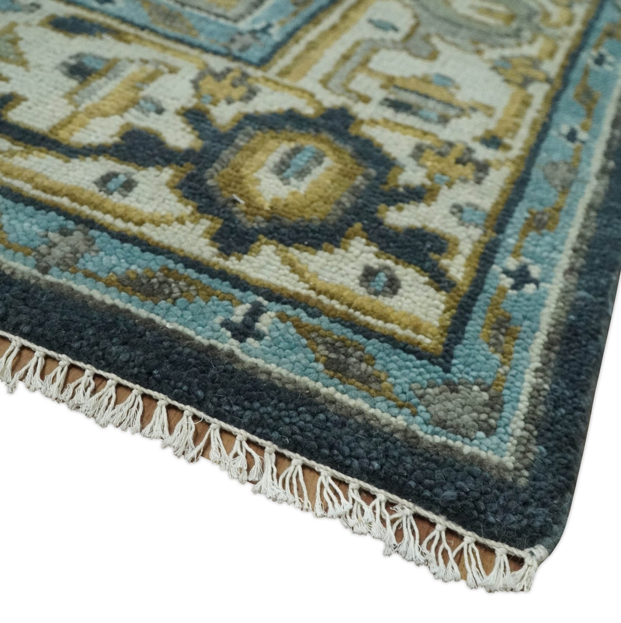 Ivory, Teal, and silver Hand Knotted Traditional Medallion Multi size wool Area Rug